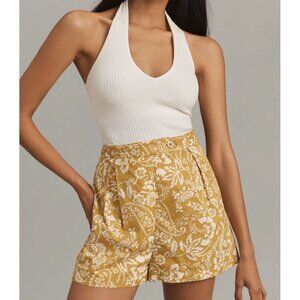 Maeve Anthropologie Womens Pleated Poplin Shorts Size 6 Chartreuse Floral
